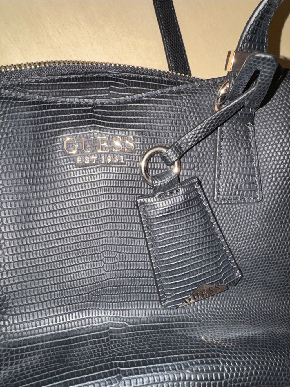GUESS Black Textured Tote with Gold Accent Charm - Picture 5 of 5